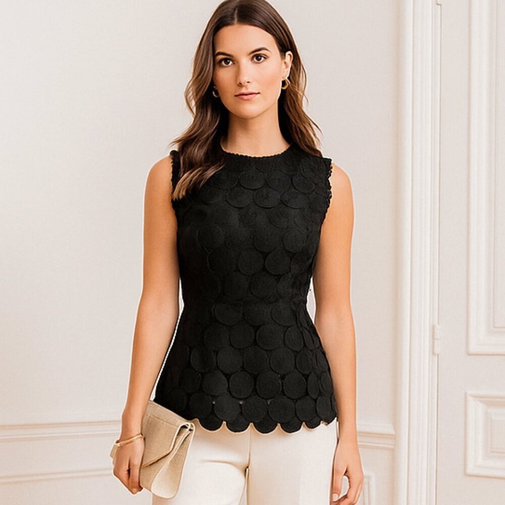 Pearl by Lela Rose Circle Guipure Lace Peplum Black Top NWT Romantic Chic